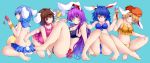  5girls ;) absurdres alternate_costume animal_ears bangs bare_legs barefoot bikini breasts choker cleavage collarbone commentary_request food frilled_bikini frilled_choker frills full_body highres ice_cream inaba_tewi ishimu knees_together_feet_apart large_breasts long_hair looking_at_another looking_at_viewer low_twintails medium_breasts multiple_girls navel one_eye_closed parted_lips popsicle rabbit_ears red_eyes reisen reisen_udongein_inaba ringo_(touhou) scrunchie seiran_(touhou) short_hair sitting smile stomach swimsuit touhou trait_connection twintails wrist_scrunchie 