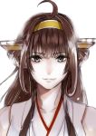  10s 1girl ahoge alternate_eye_color bare_shoulders brown_hair closed_mouth collarbone commentary double_bun eyebrows_visible_through_hair grey_eyes hair_between_eyes hairband headgear hoshino_(cona) japanese_clothes kantai_collection kongou_(kantai_collection) looking_at_viewer nontraditional_miko simple_background smile solo upper_body white_background 