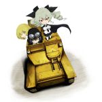  3girls anchovy anzio_school_uniform black_hair blonde_hair cape carpaccio carro_veloce_cv-33 girls_und_panzer green_eyes green_hair ground_vehicle jinguu_(4839ms) military military_vehicle motor_vehicle multiple_girls pepperoni_(girls_und_panzer) red_eyes smile tank twintails white_background yellow_eyes 