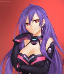  1girl ahoge bare_shoulders black_gloves blue_hair breast_hold breasts cleavage earrings female gloves grin hair_between_eyes hand_up highres iris_heart jewelry large_breasts looking_at_viewer neck neptune_(series) parted_lips pururut red_background red_eyes sendrawz smile solo symbol-shaped_pupils upper_body very_long_hair 