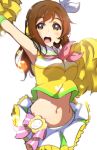  1girl blush breasts brown_hair copyright_name eyebrows_visible_through_hair hairband highres icehotmilktea kunikida_hanamaru large_breasts long_hair looking_at_viewer love_live! love_live!_sunshine!! navel open_mouth pom_poms skirt smile solo white_skirt yellow_eyes 