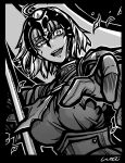 1girl ahoge armor armored_dress banner breasts fate/grand_order fate_(series) gloves greyscale headpiece highres hirano_kouta_(style) jeanne_alter looking_at_viewer monochrome open_mouth parody ruler_(fate/apocrypha) short_hair smirk solo style_parody yuuma_(u-ma) 