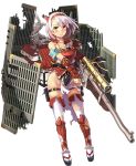  1girl aizuwakamatsu_(oshiro_project) antique_firearm architecture armband armor breastplate castle east_asian_architecture firearm full_body gun hairband holding holding_weapon horns kekemotsu looking_at_viewer no_panties official_art oshiro_project oshiro_project_re red_eyes rifle scope shachihoko short_hair smile thigh-highs torn_clothes torn_thighhighs transparent_background wavy_mouth weapon white_hair 