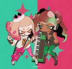 2girls :p black_gloves black_hair clenched_hand copyright_name crop_top crown dark_skin electric_guitar fingerless_gloves gloves gradient_hair green_background green_eyes guitar highres instrument keijou_(cave) keyboard_(instrument) long_hair looking_at_another marina_(splatoon) multicolored_hair multiple_girls pearl_(splatoon) pink_background plectrum short_hair simple_background smile sparkle splatoon splatoon_2 tentacle_hair tongue tongue_out two-tone_background white_hair yellow_eyes