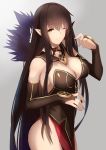  1girl ;) assassin_of_red bare_shoulders black_dress black_hair breasts bridal_gauntlets cleavage closed_mouth cowboy_shot dress fate/apocrypha fate_(series) fur_trim large_breasts long_hair looking_at_viewer one_eye_closed pelvic_curtain pointy_ears saisarisu sideboob sidelocks smile solo very_long_hair yellow_eyes 