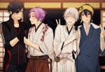  4boys ^_^ bandanna black_gloves black_hair blue_eyes blush bow closed_eyes double_v eyepatch gloves hair_bow japanese_clothes kasen_kanesada male_focus microphone mikazuki_munechika multiple_boys open_mouth purple_hair shokudaikiri_mitsutada smile touken_ranbu tsurumaru_kuninaga v white_hair yori_(y_rsy) 