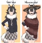  1girl animal_ears argyle_necktie argyle_skirt black_hair black_jacket blazer commentary cowboy_shot english fake_mustache fur_collar gloves grey_necktie grey_skirt grey_wolf_(kemono_friends) hand_on_hip hat heterochromia jacket kemono_friends long_hair looking_at_viewer mefomefo multicolored_hair necktie orange_background poncho skirt smile solo sombrero streaked_hair tail unmoving_pattern white_gloves white_hair wolf_ears wolf_tail 