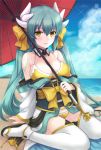  1girl aqua_hair beach between_breasts bikini blush bow breasts cleavage collarbone day fate/grand_order fate_(series) green_hair hair_bow highres horns japanese_clothes kimono kiyohime_(fate/grand_order) kiyohime_(swimsuit_lancer)_(fate) large_breasts long_hair looking_at_viewer ocean outdoors parasol pika_mouse ponytail sitting smile solo swimsuit thigh-highs umbrella wariza white_legwear yellow_bikini yellow_eyes 