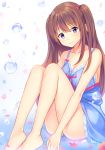  1girl babydoll bangs barefoot blue_panties blush breasts brown_hair bubble closed_mouth collarbone eyebrows_visible_through_hair large_breasts legs_together long_hair looking_at_viewer original panties petals riichi_(rouchi) sidelocks sitting smile solo thighs two_side_up underwear violet_eyes 