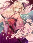  1girl ahoge black_bow black_scarf bow cherry_blossoms commentary_request fate_(series) flower hair_between_eyes hair_bow haori holding holding_sword holding_weapon japanese_clothes katana kimono koha-ace looking_at_viewer nozomi_fuuten obi outdoors petals sakura_saber sash scarf shinsengumi smile solo sword tree weapon wide_sleeves 