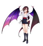 1girl absurdres bangs bat bat_wings black_boots black_hair boots choker collarbone flat_chest full_body hair_between_eyes hand_on_hip high_heels highres knee_boots lady_bat long_hair looking_at_viewer mermaid_melody_pichi_pichi_pitch multicolored_hair open_mouth pencil_skirt pointy_ears ponytail purple_hair sash sidelocks simple_background skirt smile solo standing teeth thighs very_long_hair violet_eyes white_background wings wntame 