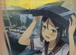  10s 1girl bag bag_over_head blonde_hair blush brown_hair car city green_eyes ground_vehicle hair_ornament hair_ribbon hairclip inubouzaki_fuu long_hair looking_at_viewer miyoshi_karin motor_vehicle open_mouth outdoors piza_rokumai pov rain ribbon school_bag school_uniform short_sleeves teeth umbrella yuuki_yuuna_wa_yuusha_de_aru yuusha_de_aru 