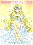  1girl bangs bare_shoulders barefoot blonde_hair blue_eyes circlet dress emeraude_(rayearth) full_body highres long_hair looking_at_viewer magic_knight_rayearth parted_bangs sitting smile solo strapless strapless_dress urano_mami white_dress yellow_background 