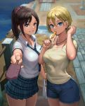  2girls allison_(summer_lesson) black_hair blonde_hair blue_eyes blue_shorts blurry breasts brown_eyes casual clenched_teeth cowboy_shot cutoffs denim denim_shorts depth_of_field female food grin hair_between_eyes hair_scrunchie hair_tucking highres jewelry large_breasts lasterk looking_at_viewer medium_breasts miyamoto_hikari mouth_hold multiple_girls neck necklace necktie outdoors outstretched_arm plaid plaid_necktie plaid_skirt pleated_skirt ponytail popsicle school_uniform scrunchie short_hair short_shorts short_sleeves shorts skirt smile standing summer_lesson teeth 