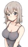  1girl arms_at_sides blue_eyes blush breasts camisole cleavage girls_und_panzer hair_between_eyes itsumi_erika jorin large_breasts light_brown_hair looking_at_viewer medium_hair simple_background solo white_background 