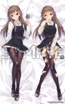  10s 1girl arashio_(kantai_collection) artist_name bed_sheet belt belt_buckle black_belt black_dress blush bow bow_panties breasts brown_eyes brown_hair buckle buttons collared_shirt dakimakura dated dress dress_pull dress_shirt embarrassed eyebrows_visible_through_hair frilled_dress frills frown gluteal_fold grin hair_between_eyes hand_on_thigh hand_to_own_mouth kantai_collection kobayashi_chisato long_hair long_sleeves looking_at_viewer multiple_views on_bed panties panties_under_pantyhose pantyhose pinafore_dress remodel_(kantai_collection) school_uniform searchlight shirt small_breasts smile thighband_pantyhose torn_clothes torn_pantyhose underwear upper_body watermark white_panties white_shirt 