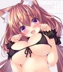  1girl :d animal_ears bangs bikini black_bikini blush breasts brown_hair cat_ears eyebrows_visible_through_hair fang front-tie_bikini front-tie_top hair_between_eyes hands_up large_breasts liliko_(ooji_cha) long_hair looking_at_viewer low_twintails ooji_cha open_mouth original paw_pose smile solo swimsuit twintails under_boob upper_body violet_eyes wavy_mouth 