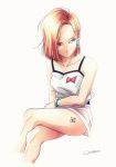  1girl android_18 blonde_hair blue_eyes bracelet breasts collarbone cropped_feet dragon_ball dragonball_z earrings forehead invisible_chair jewelry legs_crossed looking_to_the_side medium_breasts red_ribbon_army short_hair sitting solo tama_azusa_hatsu tattoo 