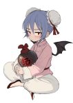  1girl alternate_costume baggy_pants bat_wings blue_hair bun_cover chinese_clothes double_bun fkey holding jar long_sleeves looking_at_viewer object_hug pants red_eyes remilia_scarlet short_hair simple_background sitting sketch solo touhou white_background wings 