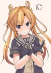  10s 1girl abukuma_(kantai_collection) angry black_gloves blonde_hair blue_eyes commentary_request gloves grey_sailor_collar hair_rings highres kantai_collection long_hair masukuza_j partly_fingerless_gloves remodel_(kantai_collection) sailor_collar short_sleeves simple_background solo 