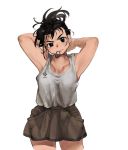  1girl apron black_eyes black_hair brown_shorts contrapposto cowboy_shot head_tilt looking_at_viewer mouth_hold original rubber_band shirt short_hair shorts simple_background solo st05254 tank_top tying_hair white_background white_shirt 