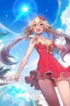  1girl ball bare_shoulders beachball blue_eyes blush clouds collarbone covered_navel crab_on_head fate/grand_order fate_(series) from_below highres kakage marie_antoinette_(fate/grand_order) marie_antoinette_(swimsuit_caster)_(fate) silver_hair skirt sky solo starfish sun twintails 