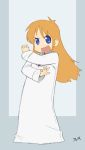 &gt;:d :d blonde_hair blue_eyes child commentary crossed_arms feguimel labcoat laughing long_hair looking_at_viewer nichijou open_mouth oversized_clothes pose shinonome_nano signature smile standing steins;gate two-tone_background 