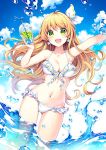  1girl :d arm_up armpits bikini blonde_hair blue_sky breasts cleavage clouds cloudy_sky day drink dutch_angle earrings eyebrows_visible_through_hair flower_earrings frilled_bikini frills front-tie_bikini front-tie_top gluteal_fold green_eyes hair_ribbon jewelry long_hair looking_at_viewer medium_breasts nardack navel open_mouth outdoors outstretched_arm ribbon sidelocks sky smile solo swimsuit wading white_bikini 