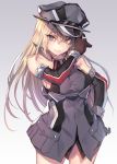  10s 1girl adjusting_clothes adjusting_hat bare_shoulders bismarck_(kantai_collection) black_shirt blonde_hair blue_hair blush collar collarbone dress elbow_gloves eyebrows_visible_through_hair gloves gradient gradient_background grey_jacket hair_between_eyes hand_on_hip hat highres kantai_collection long_hair looking_at_viewer open_mouth peaked_cap shirt solo soukou_makura 