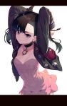  1girl arms_behind_head black_hair breasts choker cowboy_shot dress earrings green_eyes highres jewelry letterboxed mary_(pokemon) pink_dress pokemon pokemon_(game) pokemon_swsh small_breasts solo soya_(torga) undercut white_background 