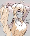  adjusting_hair ahoge armpits arms_up blonde_hair bow breasts cleavage grey_background korean large_bow long_hair ndgd_(bean1215) ponytail rwby sketch smiley_face spot_color tank_turret violet_eyes yang_xiao_long 