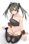  10s 1girl barefoot breasts commentary_request gloves graphite_(medium) green_hair kantai_collection long_hair muneate naga1047 navel panties partly_fingerless_gloves sideboob solo traditional_media twintails underwear white_background yugake zuikaku_(kantai_collection) 