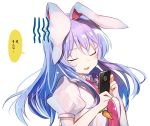  1girl animal_ears bangs cellphone closed_eyes gloom_(expression) hands_up holding holding_phone long_hair necktie nuudoru phone puffy_short_sleeves puffy_sleeves purple_hair rabbit_ears red_necktie reisen_udongein_inaba short_sleeves simple_background smartphone smile solo tears touhou translation_request upper_body white_background 