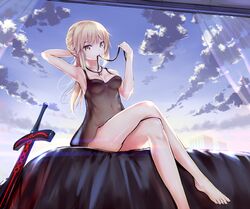  1girl bangs bare_legs bare_shoulders barefoot blonde_hair breasts clouds collarbone commentary_request dark_excalibur day fate/stay_night fate_(series) jewelry legs_crossed lingerie long_hair looking_at_viewer mouth_hold necklace negligee north+ outdoors saber saber_alter see-through sidelocks sitting small_breasts solo sword underwear weapon yellow_eyes 