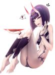  1girl :d ass bare_shoulders barefoot breasts cup fate/grand_order fate_(series) feet horns limeblock looking_at_viewer oni open_mouth purple_hair revealing_clothes sakazuki short_hair shuten_douji_(fate/grand_order) simple_background smile solo teeth toes violet_eyes white_background 