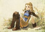  1girl ass baiguiyu blonde_hair boots bracer final_fantasy final_fantasy_xii flower highres knee_boots kneehighs looking_at_viewer open_mouth penelo plant reclining sitting smile solo twintails 