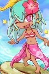  10s 1girl barefoot beachhime bikini blue_hair bow bracelet flower groin hair_bow hair_flower hair_ornament hibiscus innertube jewelry long_hair multicolored_hair navel ocean one_eye_closed open_mouth pendant ryuzin sky smile star striped striped_bikini swimsuit tan towel_around_waist twitter_username violet_eyes youkai_watch 