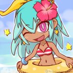  10s 1girl beachhime bikini blue_hair bottomless bow bracelet flower groin hair_bow hair_flower hair_ornament hibiscus innertube jewelry long_hair multicolored_hair navel ocean one_eye_closed open_mouth pendant ryuzin sky smile star striped striped_bikini swimsuit tan twitter_username violet_eyes youkai_watch 