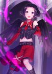  1boy akariko_(akaringo) black_gloves black_hair demon_horns elbow_gloves gloves horns idolmaster idolmaster_side-m male_focus midriff navel necktie okamura_nao open_mouth solo violet_eyes wings 