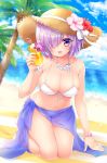 1girl :d barefoot beach bikini blue_sky blurry bracelet breasts cleavage day depth_of_field drink dutch_angle fate/grand_order fate_(series) flower flower_necklace front-tie_bikini front-tie_top hair_over_one_eye hat hat_flower hat_ribbon highres horizon jewelry kneeling large_breasts mitsuba_choco navel necklace open_mouth outdoors palm_tree purple_hair ribbon sarong see-through shielder_(fate/grand_order) short_hair sky smile solo straw_hat string_bikini sun_hat sweat swimsuit tree violet_eyes white_bikini 