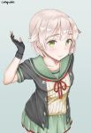  10s alternate_hair_length alternate_hairstyle curry_soba gloves green_hair hair_flaps highres kantai_collection pink_hair remodel_(kantai_collection) ribbon sailor_collar short_hair signature skirt yura_(kantai_collection) 