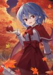  1girl :d ahoge akisome_hatsuka alternate_costume apple autumn autumn_leaves bangs bat_wings blue_hair capelet center_frills commentary crossed_bangs food frills fruit highres holding holding_food holding_fruit leaf looking_at_viewer maple_leaf open_mouth outdoors pointy_ears red_apple red_capelet red_eyes red_skirt remilia_scarlet shirt short_hair skirt smile solo standing touhou tree white_shirt wings 