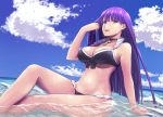  1girl bangs bikini blue_eyes blush breasts choker cleavage commentary_request cross earrings fate/grand_order fate_(series) ishii_hisao jewelry large_breasts long_hair looking_at_viewer navel purple_hair saint_martha saint_martha_(swimsuit_ruler)_(fate) sitting smile solo swimsuit 