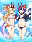  1boy 3girls bikini black_bikini blonde_hair blue_sky breasts day earrings fangs fate/grand_order fate_(series) flower food frilled_bikini frills gijang hair_ribbon hat hat_flower highres horns ibaraki_douji_(fate/grand_order) innertube jewelry long_hair minamoto_no_raikou_(fate/grand_order) multiple_girls navel oni_horns open_mouth outdoors pointy_ears popsicle purple_hair red_flower ribbon sakata_kintoki_(fate/grand_order) short_hair shuten_douji_(fate/grand_order) sky small_breasts smile stomach summer sun_hat swimsuit tattoo v violet_eyes wading white_bikini white_hat yellow_eyes yellow_ribbon 