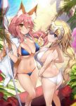  2girls animal_ears ass back bangs bare_shoulders bikini bikini_under_clothes blonde_hair blue_bikini blue_eyes blush bracelet braid breasts cleavage commentary_request criss-cross_halter eyebrows_visible_through_hair fang fate/apocrypha fate/extra fate/grand_order fate_(series) flower fox_ears fox_shadow_puppet fox_tail hair_between_eyes halterneck headpiece highres hips jeanne_d&#039;arc_(fate) jeanne_d&#039;arc_(fate)_(all) jewelry large_breasts legs long_braid long_hair looking_at_viewer looking_to_the_side multiple_girls navel necklace o-ring_bikini one_eye_closed open_clothes open_vest outdoors palm_tree parasol pink_hair ponytail shade side-tie_bikini sideboob sidelocks single_braid smile sunlight swimsuit tail tamamo_(fate)_(all) tamamo_no_mae_(swimsuit_lancer)_(fate) thighs tree umbrella very_long_hair vest waist water white_bikini yaman yellow_eyes 
