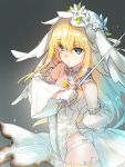  1girl bangs belt blonde_hair blue_eyes bridal_veil detached_sleeves eyebrows_visible_through_hair fate/extra fate/extra_ccc fate_(series) hair_between_eyes holding holding_sword holding_weapon leotard long_hair looking_at_viewer parted_lips rapier saber_bride saber_extra solo sword upper_body veil wanko_(takohati8) weapon white_leotard zipper 