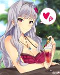  1girl absurdres blush breasts cleavage drink flower hair_flower hair_ornament highres idolmaster jewelry long_hair looking_at_viewer necklace shijou_takane silver_hair smile solo tuxedo_de_cat violet_eyes 