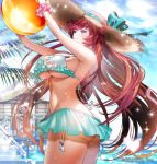  1girl ass ball bangs bare_shoulders beachball bikini bikini_skirt bow breasts brown_hair butt_crack character_request commentary_request copyright_name day eyebrows_visible_through_hair frills green_bikini hat heart holding large_breasts long_hair midriff ogino_atsuki outdoors shiny side-tie_bikini sideboob sky smile solo sparkle sun_hat sunlight swimsuit under_boob very_long_hair violet_eyes 