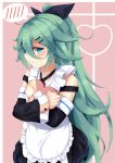  10s 1girl 3: ahoge apron blue_eyes carrying chocolate chocolate_heart commentary_request detached_sleeves green_hair hair_between_eyes hair_ornament hair_ribbon hairclip heart highres kantai_collection long_hair looking_at_viewer peta_(taleslove596) pleated_skirt ribbon school_uniform serafuku skirt solo spoken_blush valentine yamakaze_(kantai_collection) 