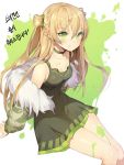  1girl ahoge bangs bare_shoulders blonde_hair blush breasts camouflage_jacket carchet choker collarbone dog_tags double_bun dress eyebrows_visible_through_hair fur_trim girls_frontline green_choker green_dress green_eyes hair_between_eyes jacket long_hair looking_at_viewer paint_splatter rfb_(girls_frontline) sitting sleeveless sleeveless_dress small_breasts smile solo two-tone_background 